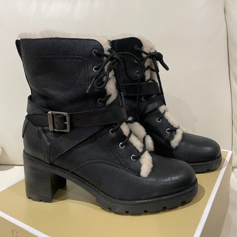 UGG Ingrid Sheepskin Lined Black Leather Boots - womens size 7